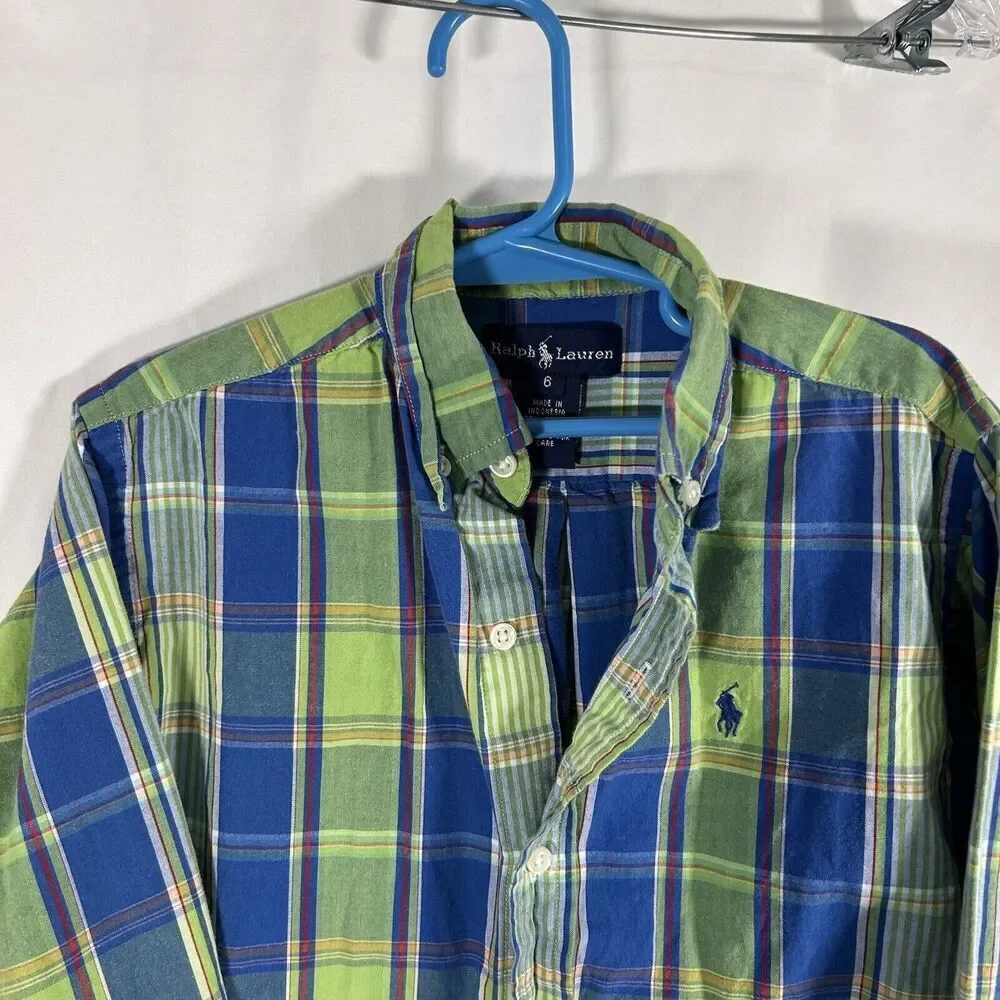 Ralph Lauren Dress Shirt Boys 6 Green Blue Plaid Button Up Long Sleeve Cotton